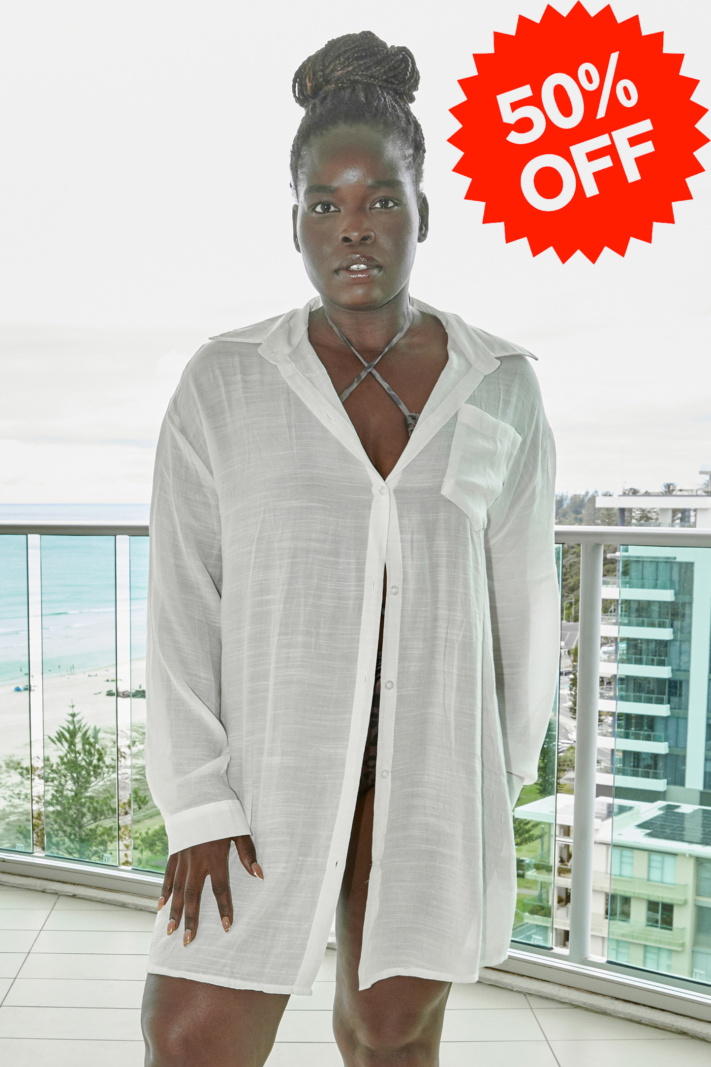 Woven White Beach Cover-Up Shirt