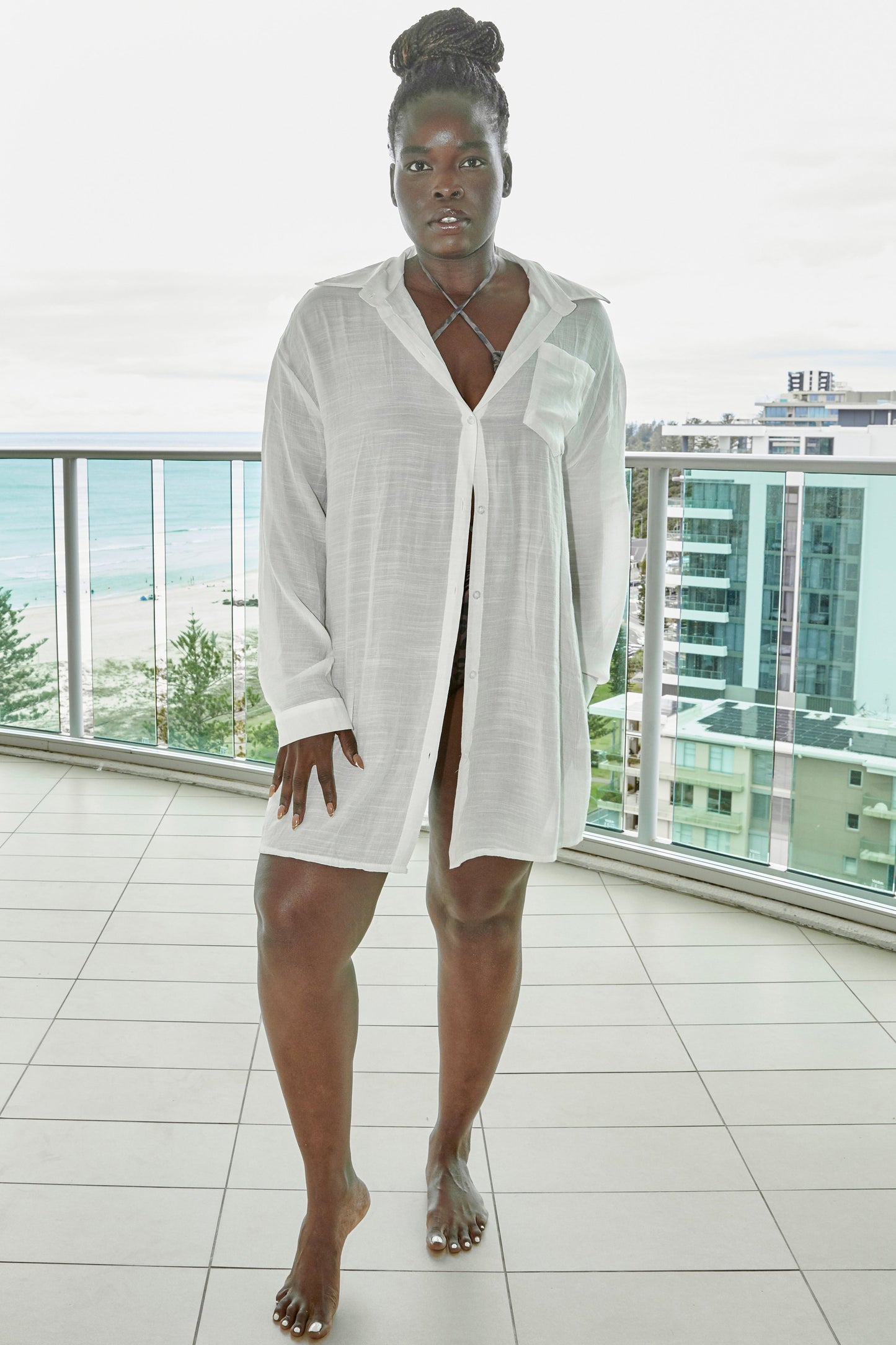 Woven White Beach Cover-Up Shirt